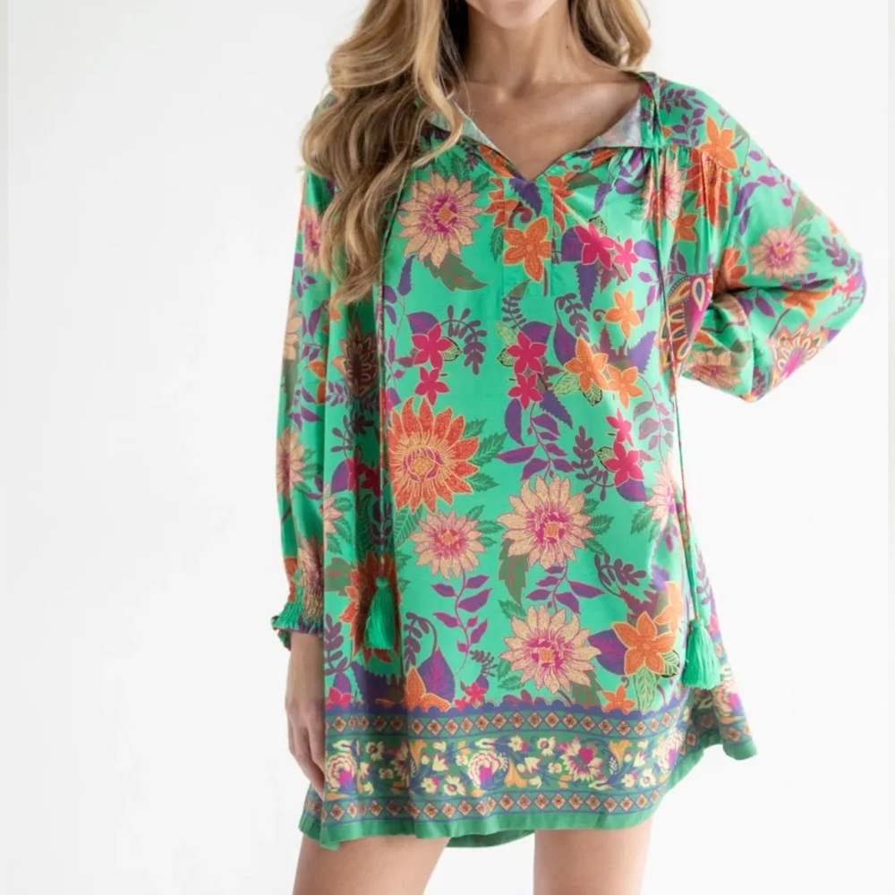 Natural Life Dara V-Neck Mini Dress Green Floral Size Large Boho Peasant
